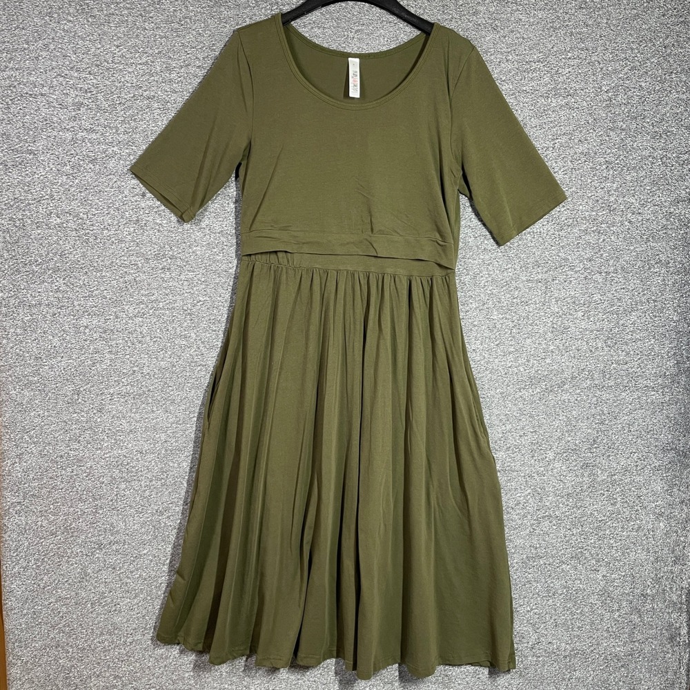 Latched Mama Dress Olive Green Short Sleeve Nursing Midi Pockets Size M